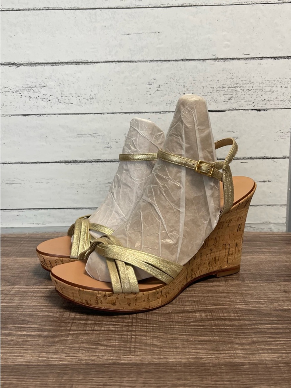 Anne Klein Leather Lining & Sole Cork Wedge Sandals with Ankle Strap